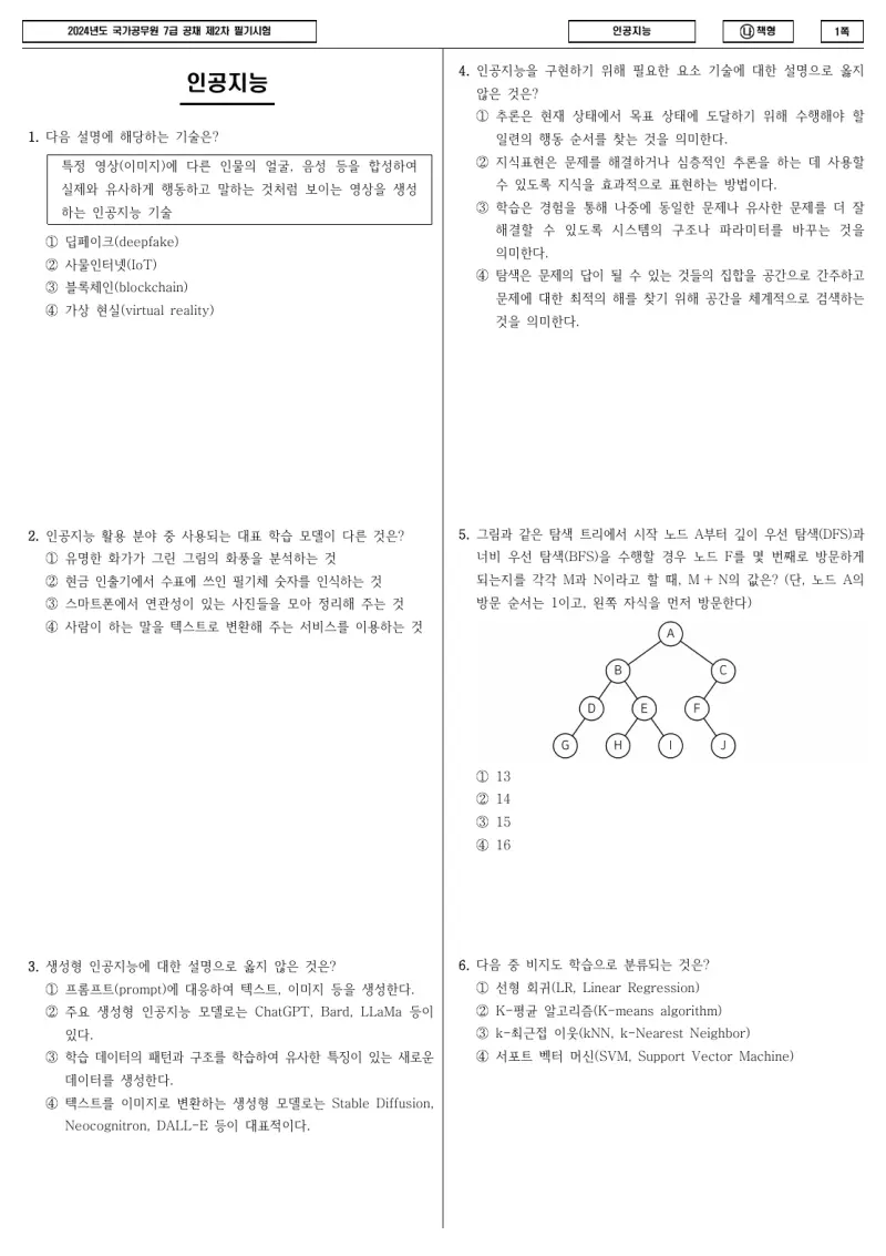 7급 국가직 인공지능 2024년 시험지 1쪽