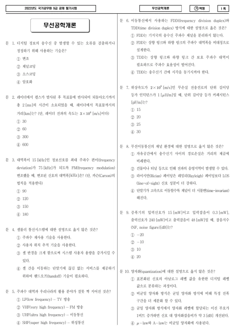 9급 국가직 무선공학개론 2022년 시험지 1쪽