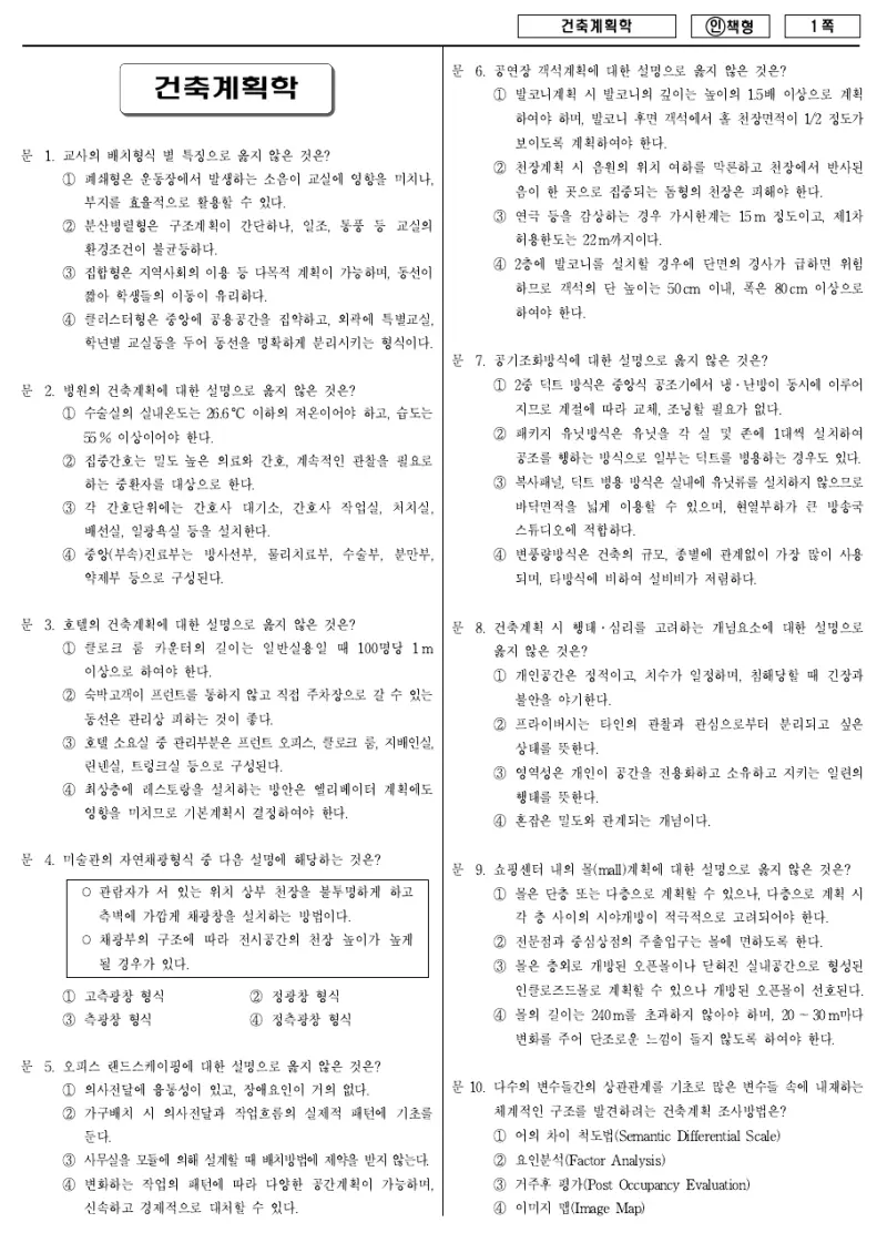 7급 국가직 건축계획학 2013년 시험지 1쪽