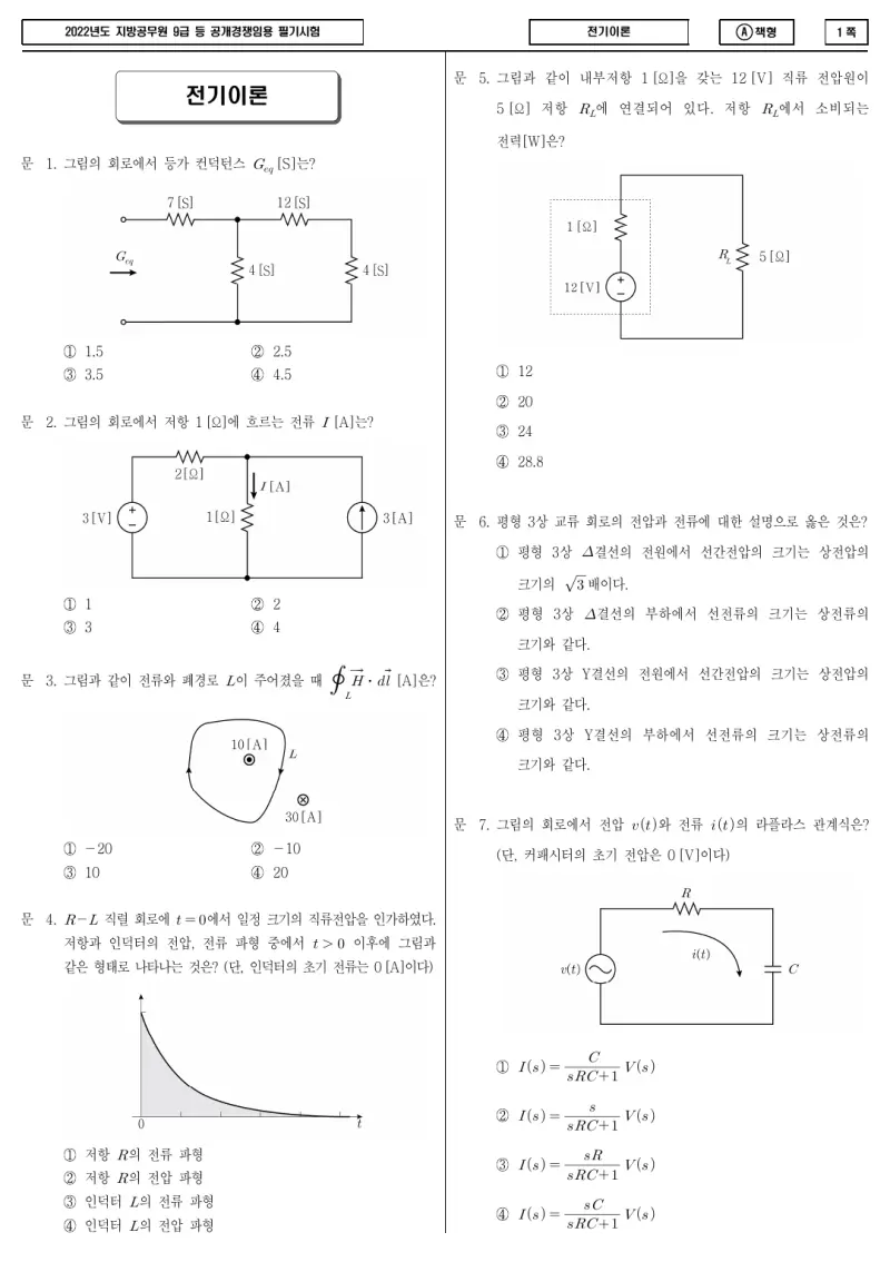 9급 지방직 전기이론 2022년 시험지 1쪽