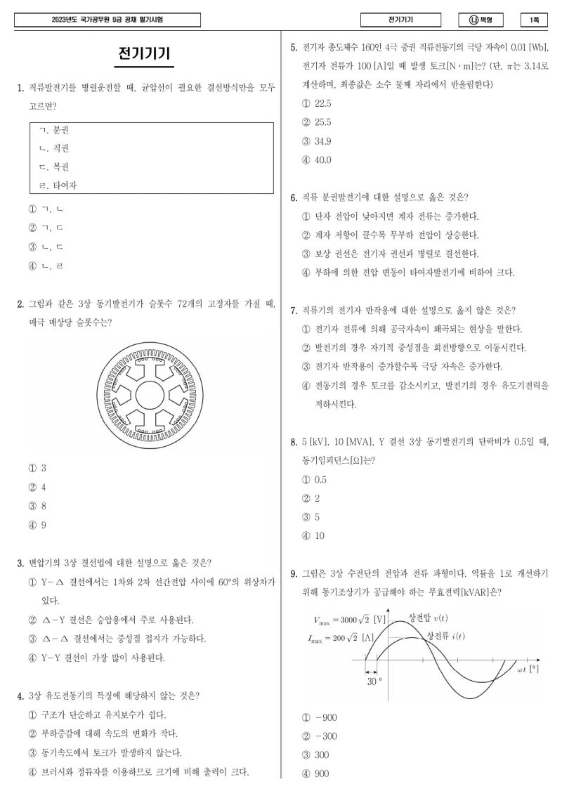 9급 국가직 전기기기 2023년 시험지 1쪽