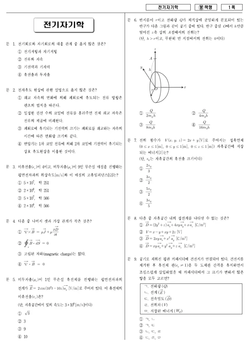 7급 국가직 전기자기학 2008년 시험지 1쪽