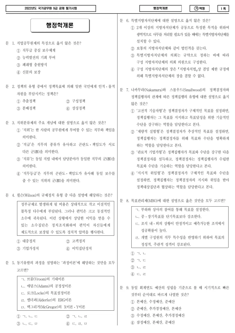 9급 국가직 행정학개론 2022년 시험지 1쪽