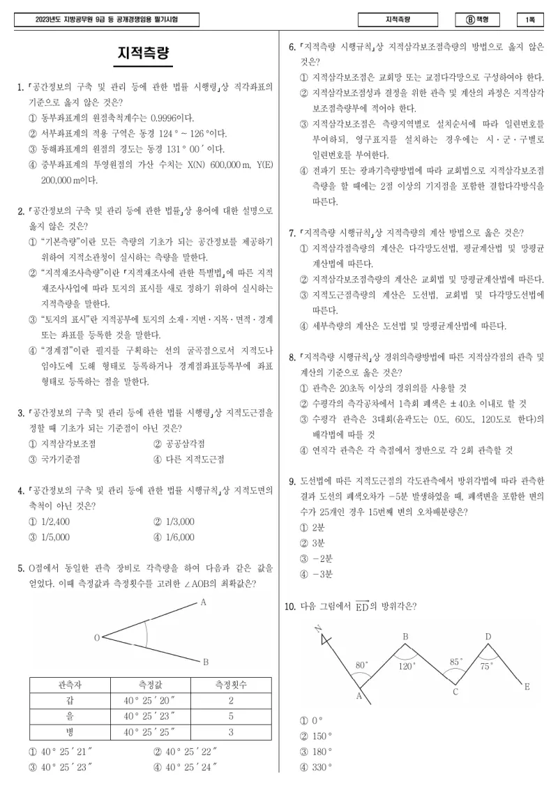 9급 지방직 지적측량 2023년 시험지 1쪽