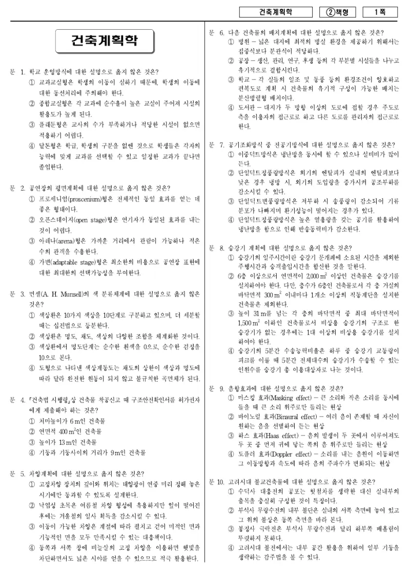 7급 국가직 건축계획학 2016년 시험지 1쪽