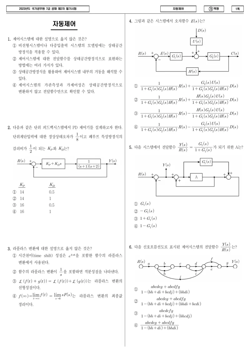 7급 국가직 자동제어 2023년 시험지 1쪽