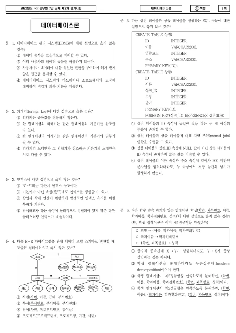 7급 국가직 데이터베이스론 2022년 시험지 1쪽
