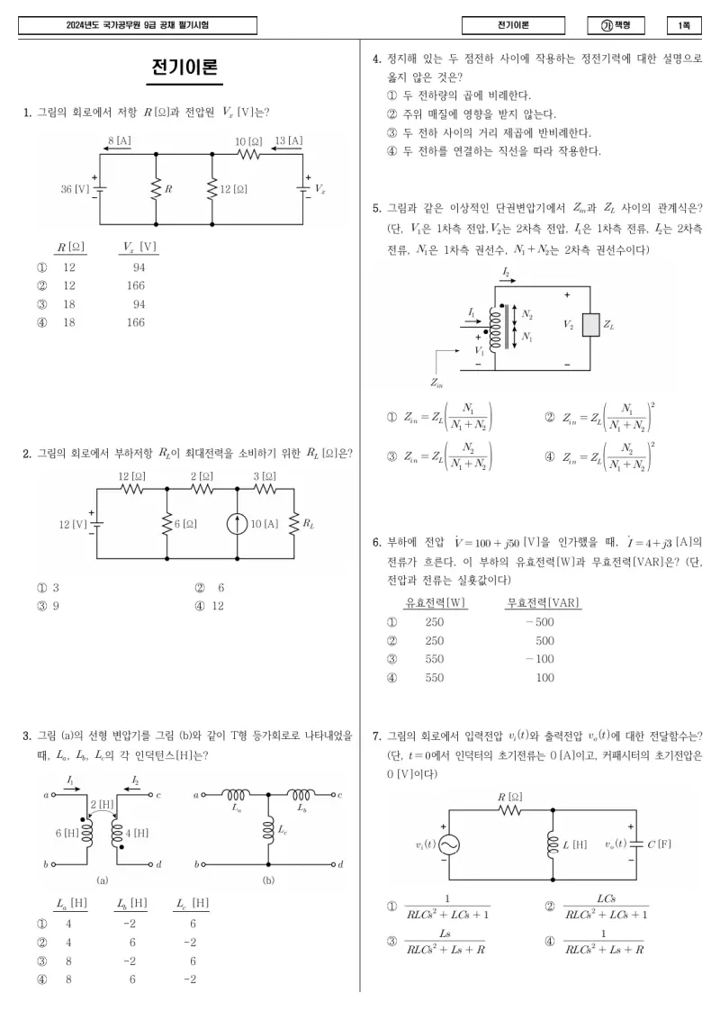 9급 국가직 전기이론 2024년 시험지 1쪽