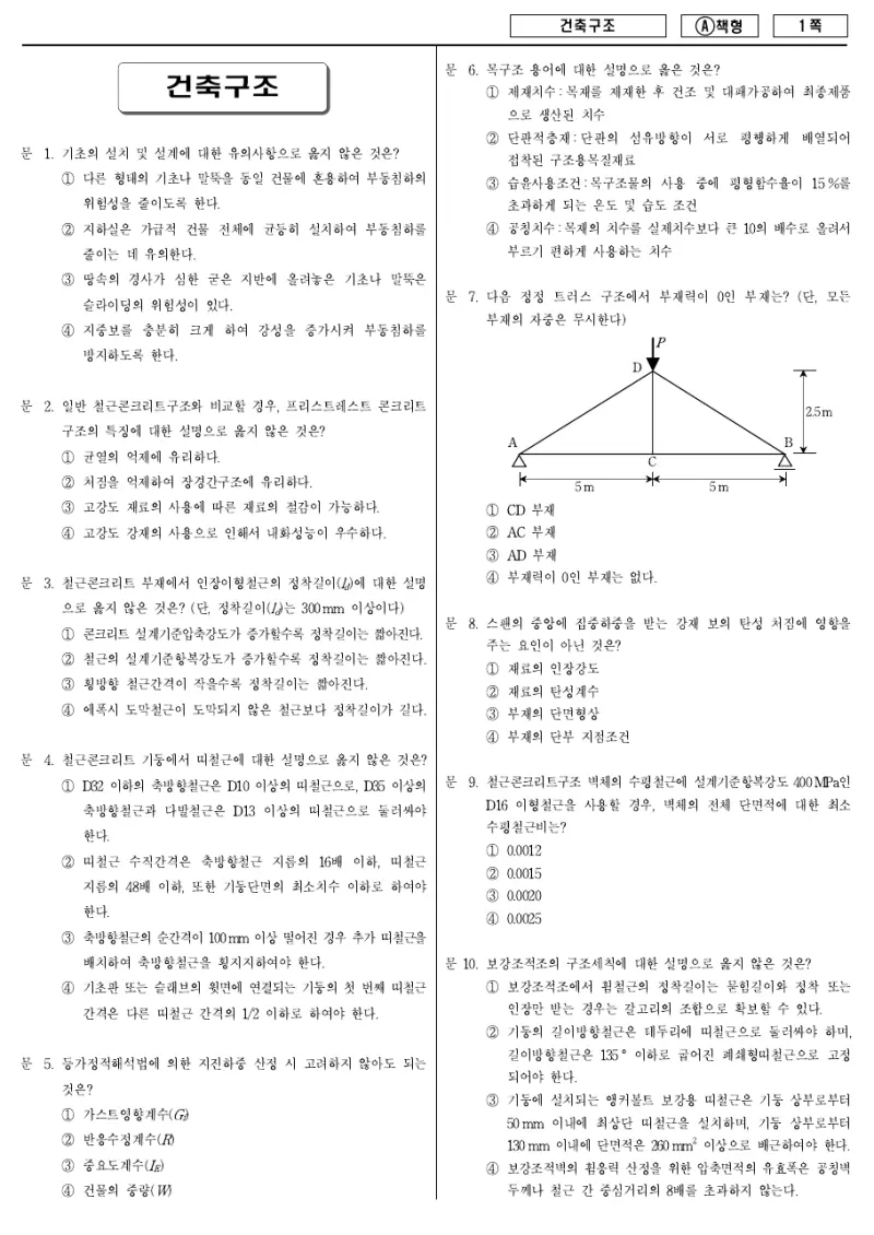 9급 지방직 건축구조 2015년 시험지 1쪽