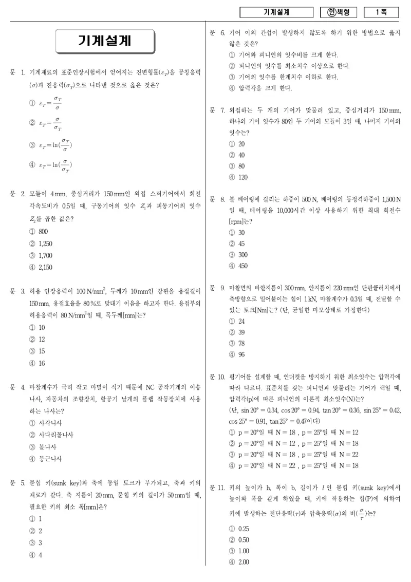 9급 국가직 기계설계 2012년 시험지 1쪽