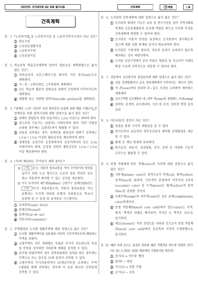 9급 국가직 건축계획 2022년 시험지 1쪽