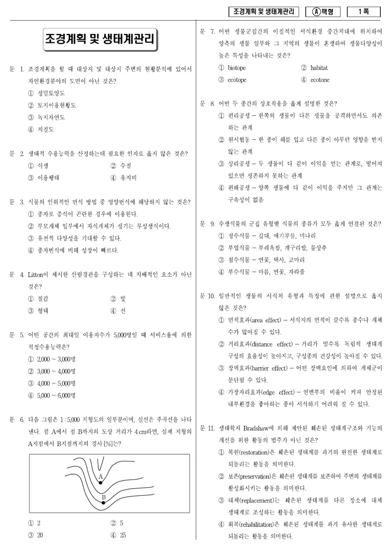 9급 지방직 조경계획 및 생태계관리 2009년 시험지 1쪽
