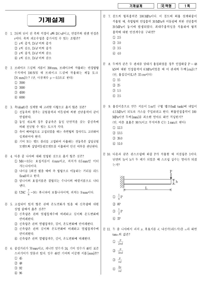 9급 국가직 기계설계 2007년 시험지 1쪽