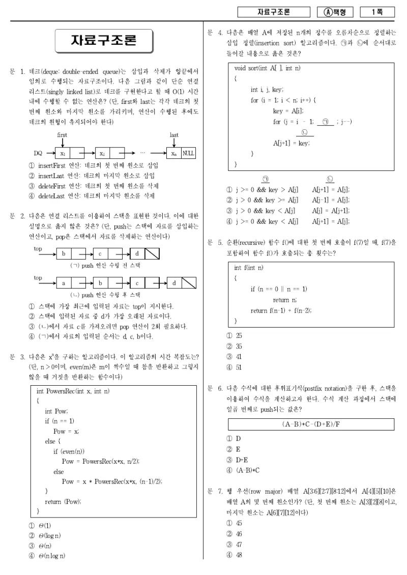 7급 국가직 자료구조론 2014년 시험지 1쪽