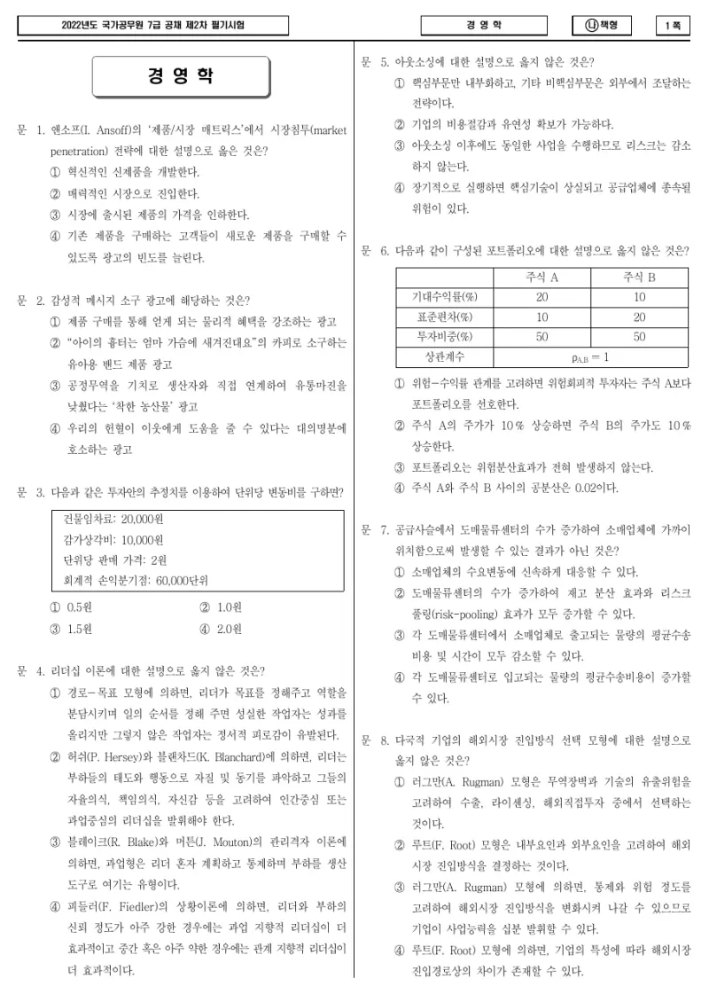 7급 국가직 경영학 2022년 시험지 1쪽