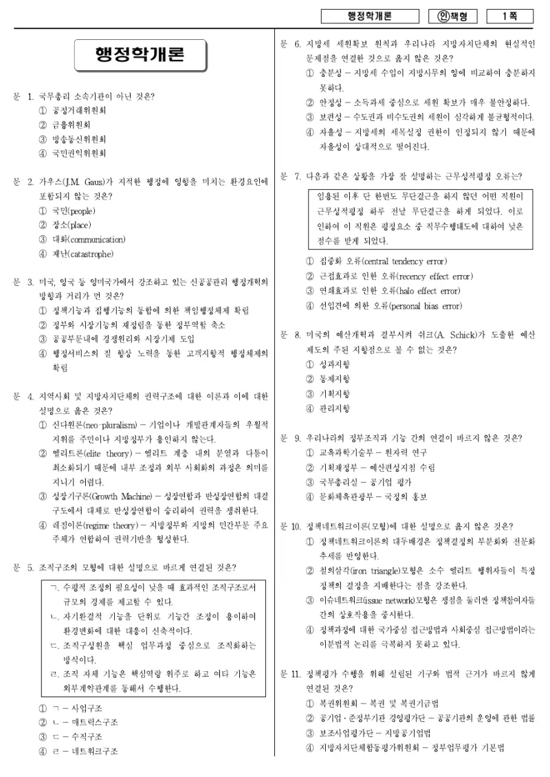 9급 국가직 행정학개론 2012년 시험지 1쪽