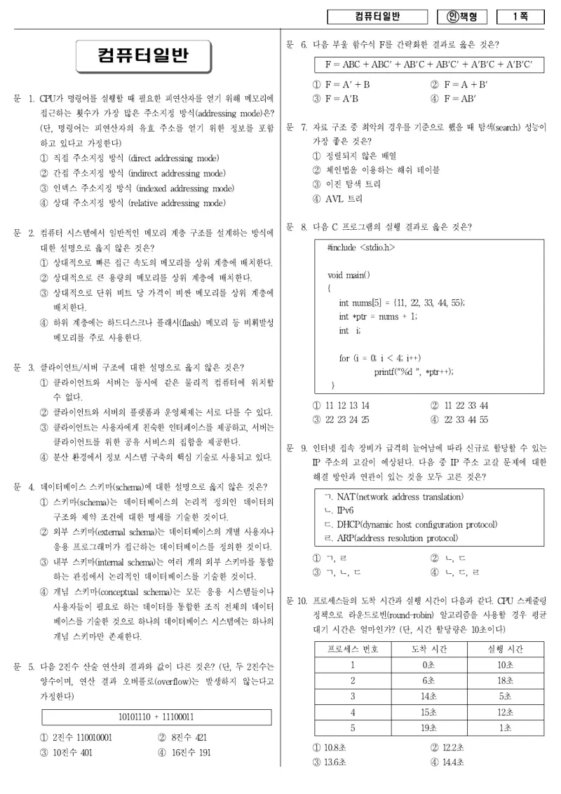 9급 국가직 컴퓨터일반 2011년 시험지 1쪽