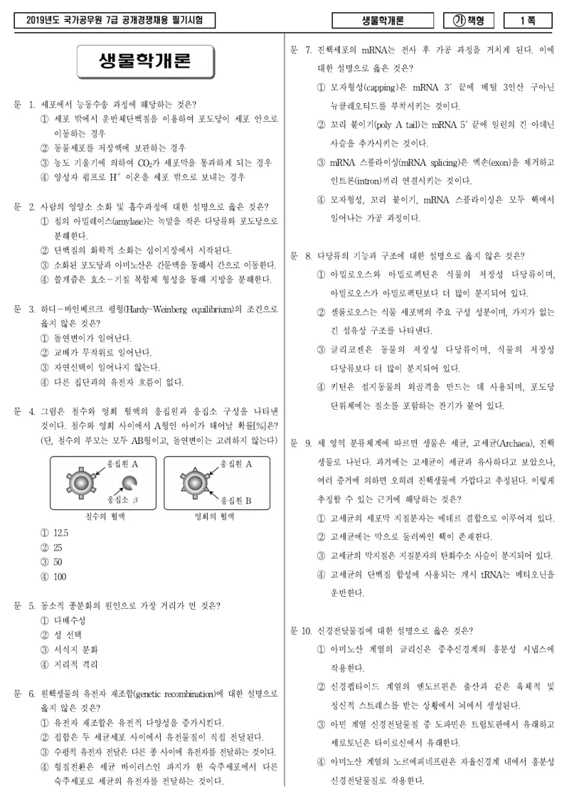 7급 국가직 생물학개론 2019년 시험지 1쪽