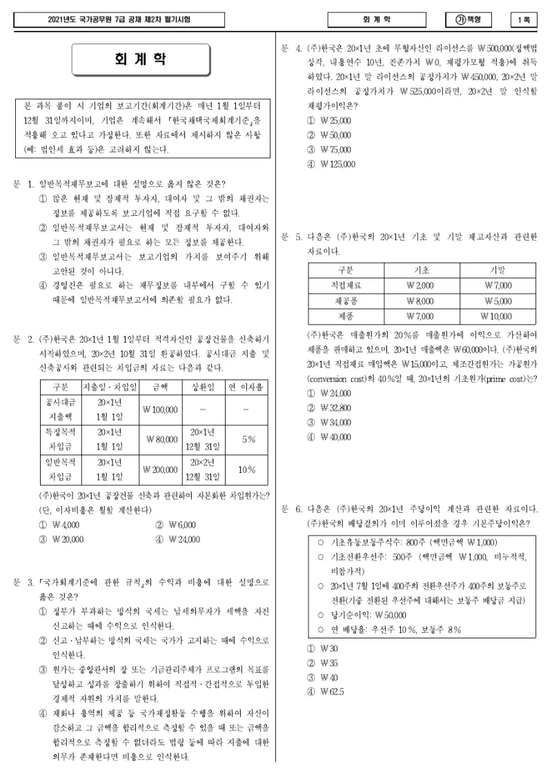 7급 국가직 회계학 2021년 시험지 1쪽