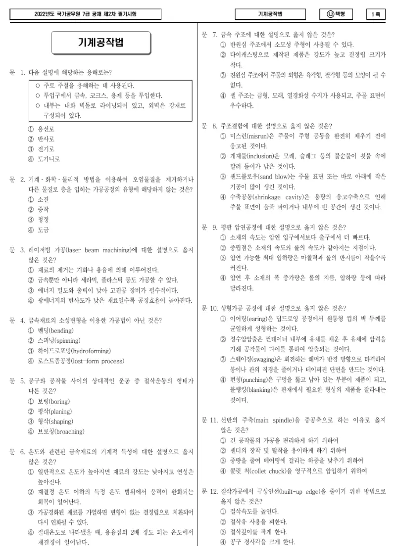 7급 국가직 기계공작법 2022년 시험지 1쪽