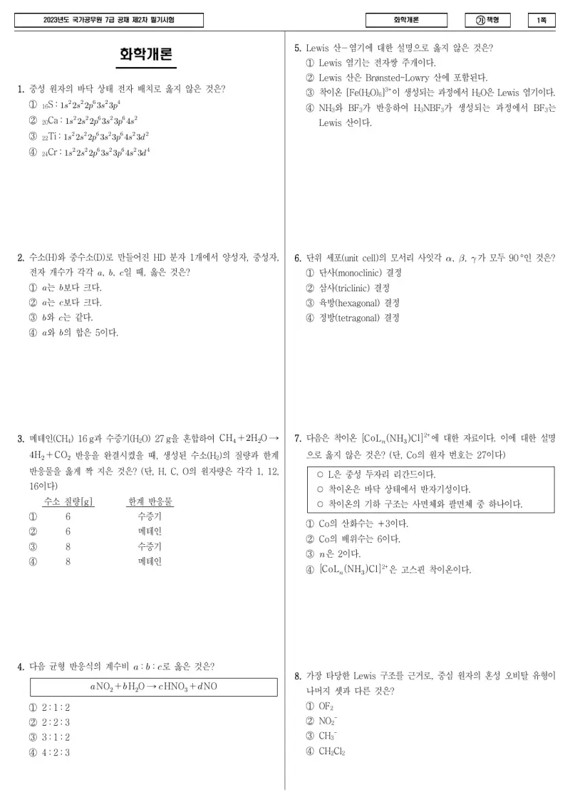 7급 국가직 화학개론 2023년 시험지 1쪽