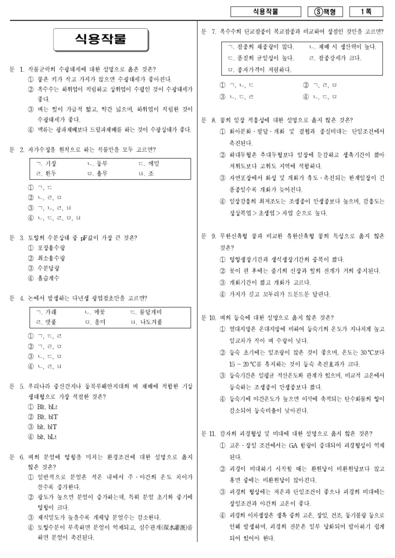 9급 국가직 식용작물 2014년 시험지 1쪽