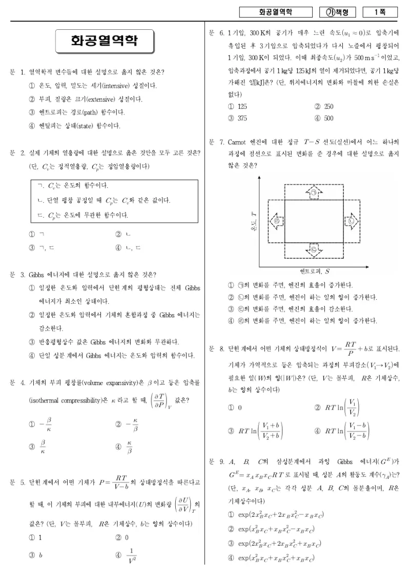 7급 국가직 화공열역학 2017년 시험지 1쪽