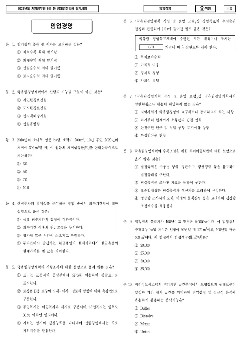 9급 지방직 임업경영 2021년 시험지 1쪽