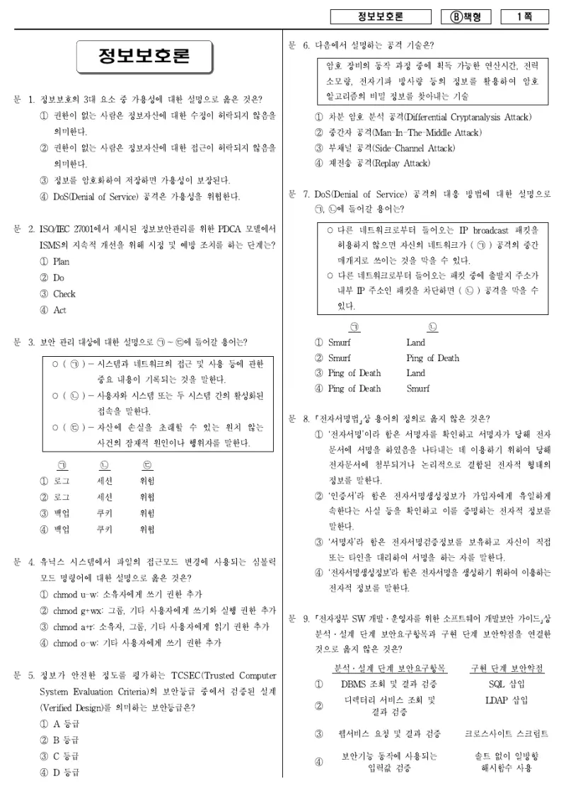 9급 지방직 정보보호론 2018년 시험지 1쪽