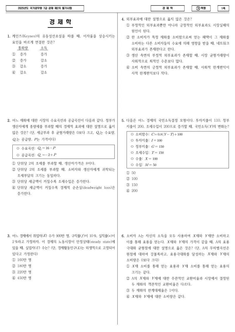 7급 국가직 경제학 2025년 시험지 1쪽
