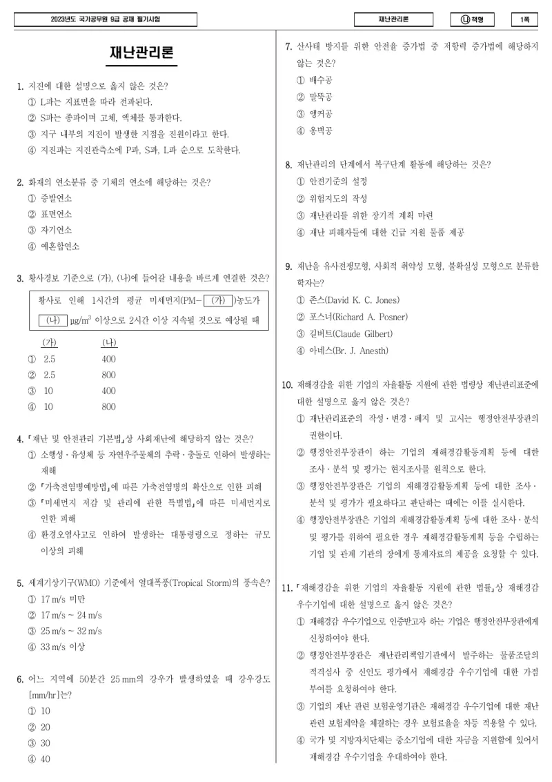 9급 국가직 재난관리론 2023년 시험지 1쪽