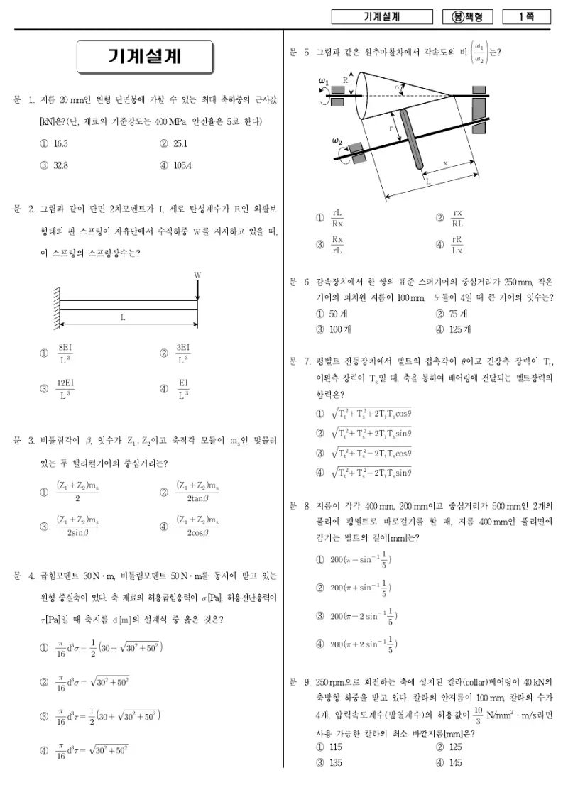 7급 국가직 기계설계 2009년 시험지 1쪽