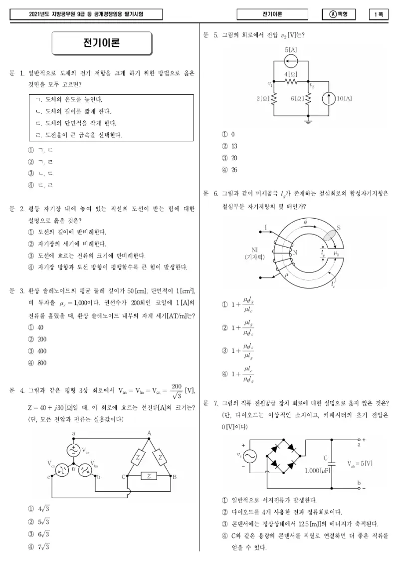 9급 지방직 전기이론 2021년 시험지 1쪽