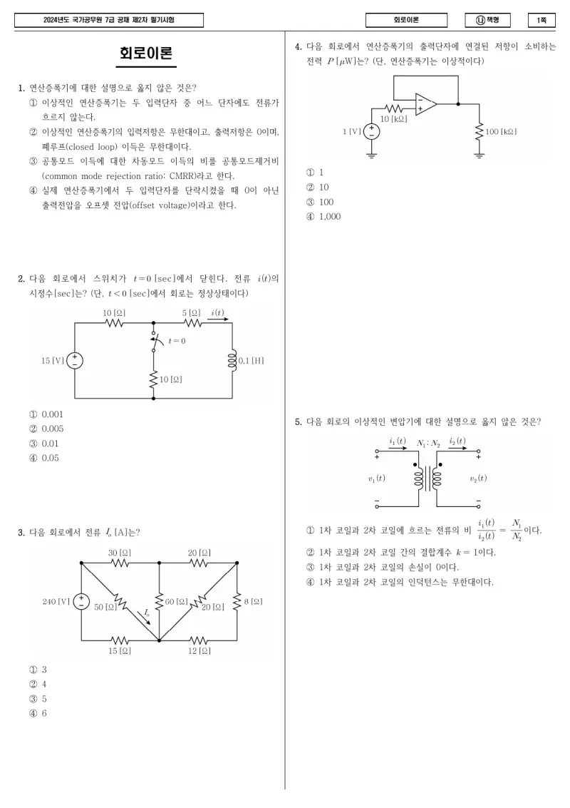 7급 국가직 회로이론 2024년 시험지 1쪽