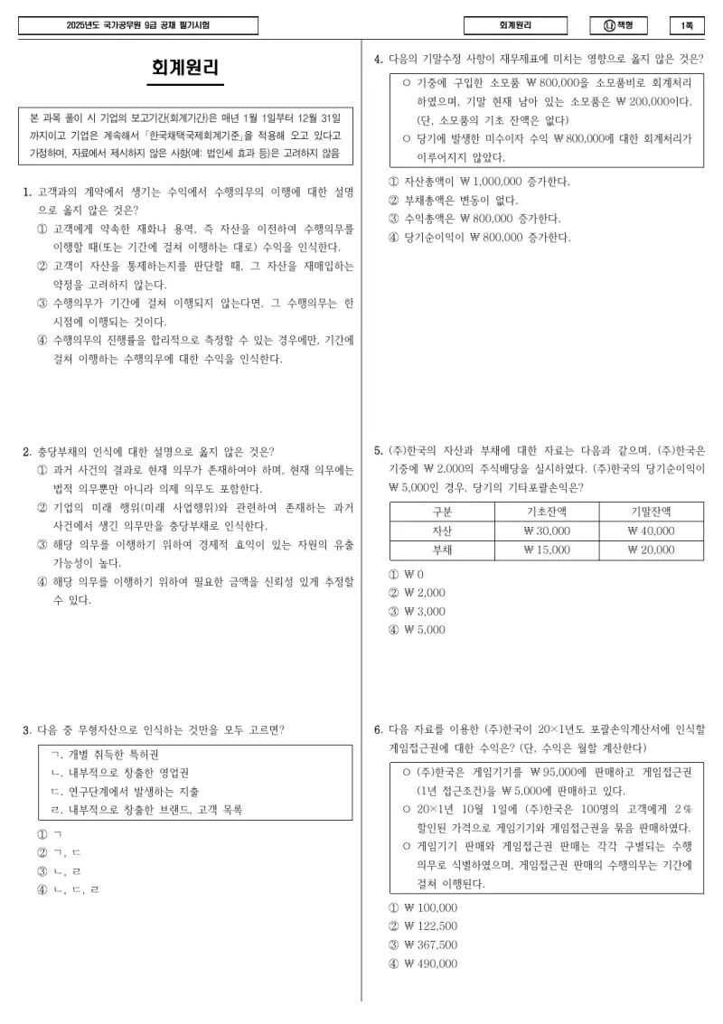 9급 국가직 회계원리 2025년 시험지 1쪽
