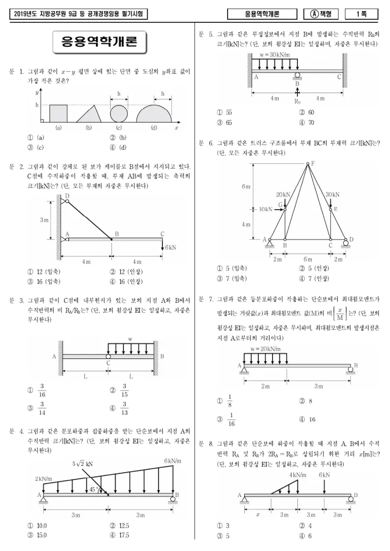 9급 지방직 응용역학개론 2019년 시험지 1쪽