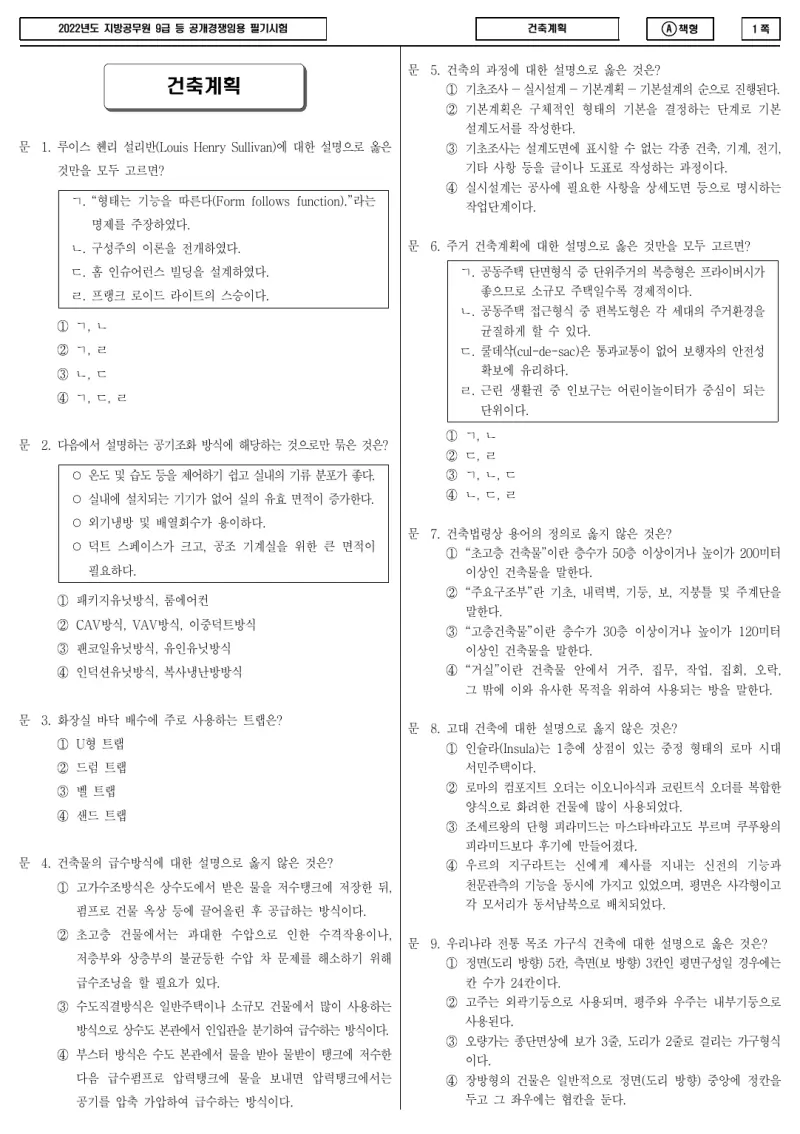 9급 지방직 건축계획 2022년 시험지 1쪽