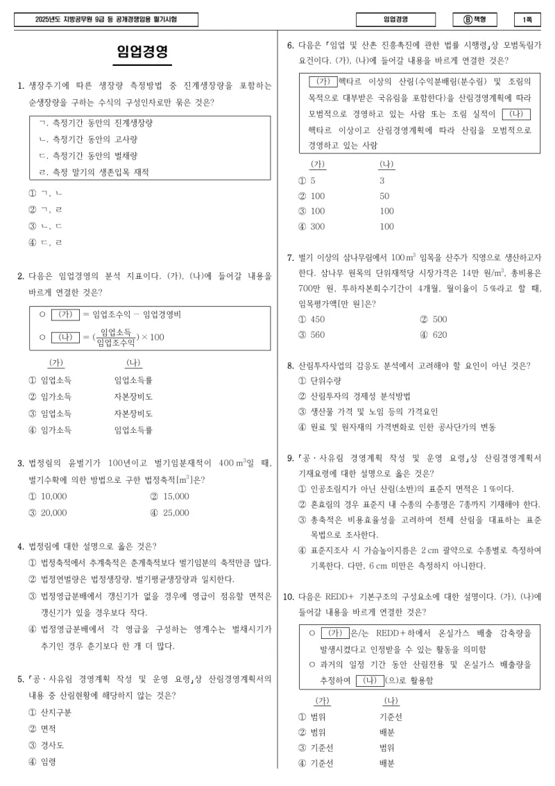 9급 지방직 임업경영 2025년 시험지 1쪽