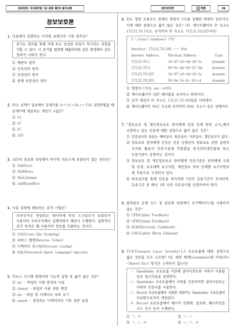 7급 국가직 정보보호론 2024년 시험지 1쪽