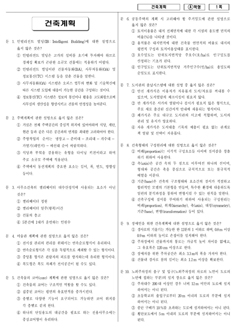 9급 지방직 건축계획 2009년 시험지 1쪽