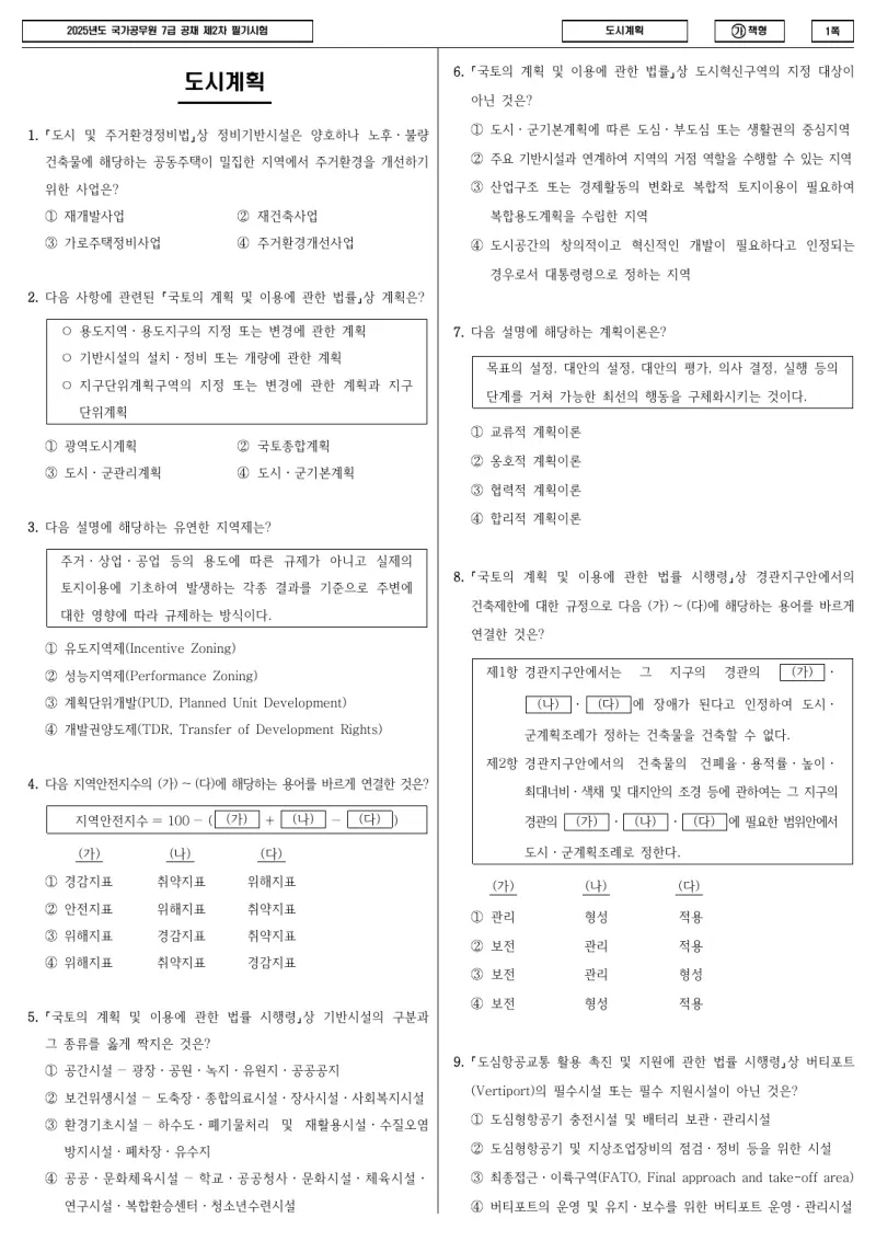 7급 국가직 도시계획 2025년 시험지 1쪽