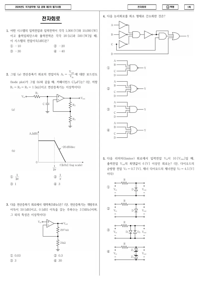 7급 국가직 전자회로 2024년 시험지 1쪽