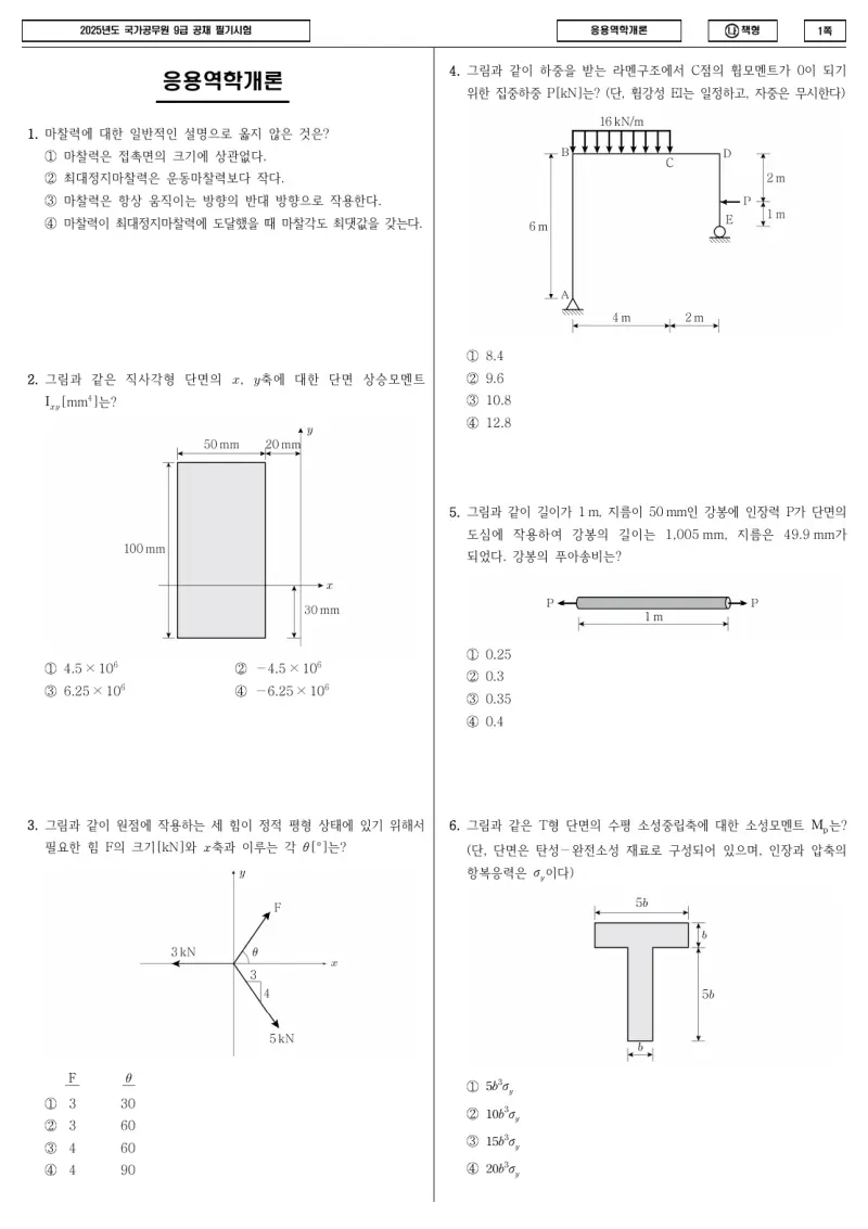 9급 국가직 응용역학개론 2025년 시험지 1쪽
