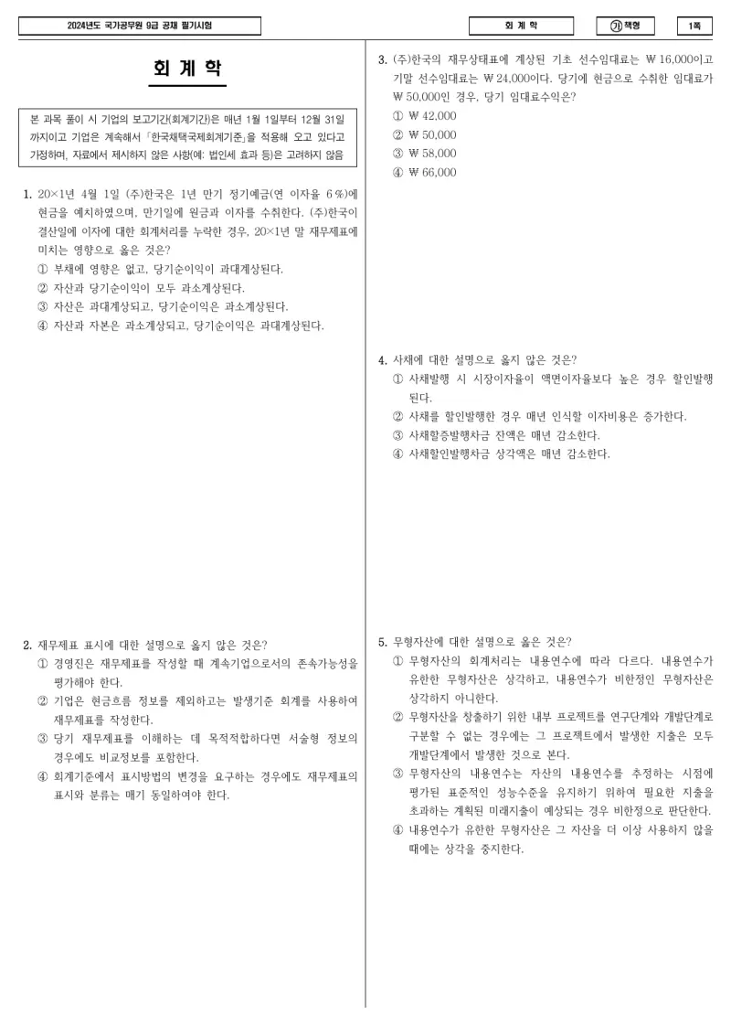 9급 국가직 회계학 2024년 시험지 1쪽