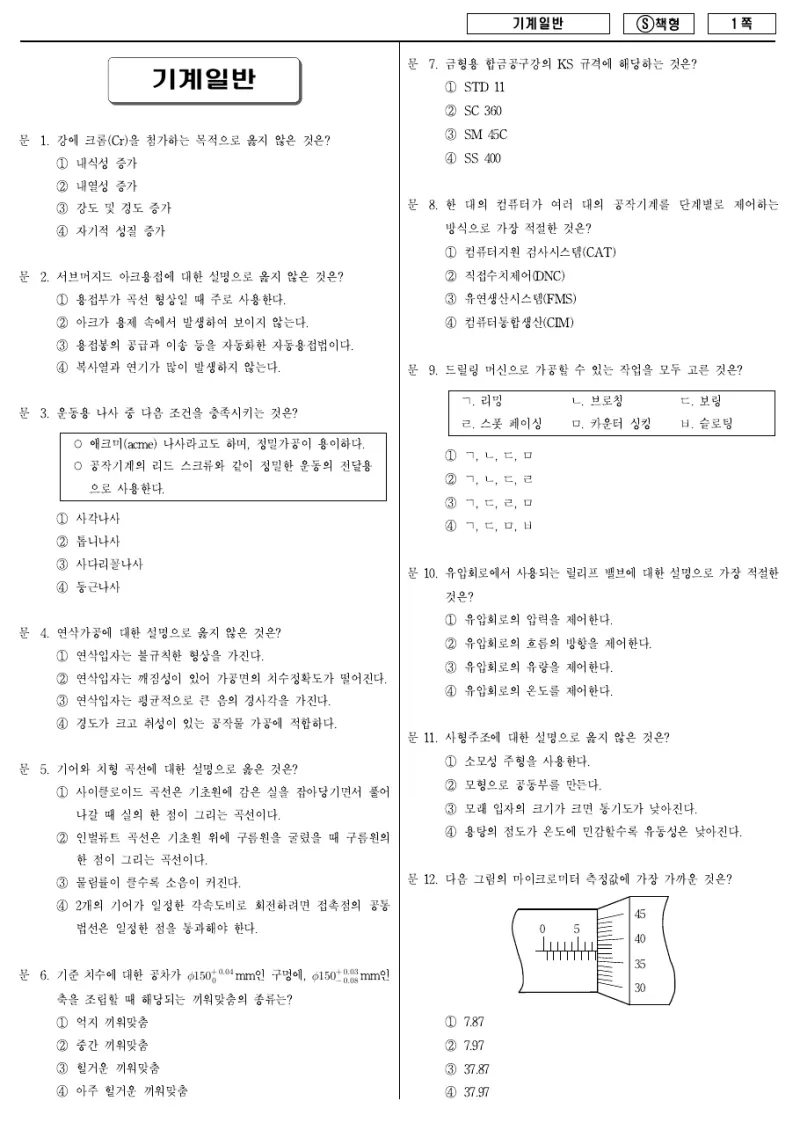 9급 국가직 기계일반 2014년 시험지 1쪽