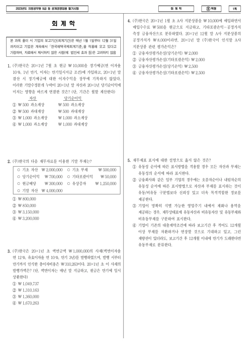 9급 지방직 회계학 2023년 시험지 1쪽