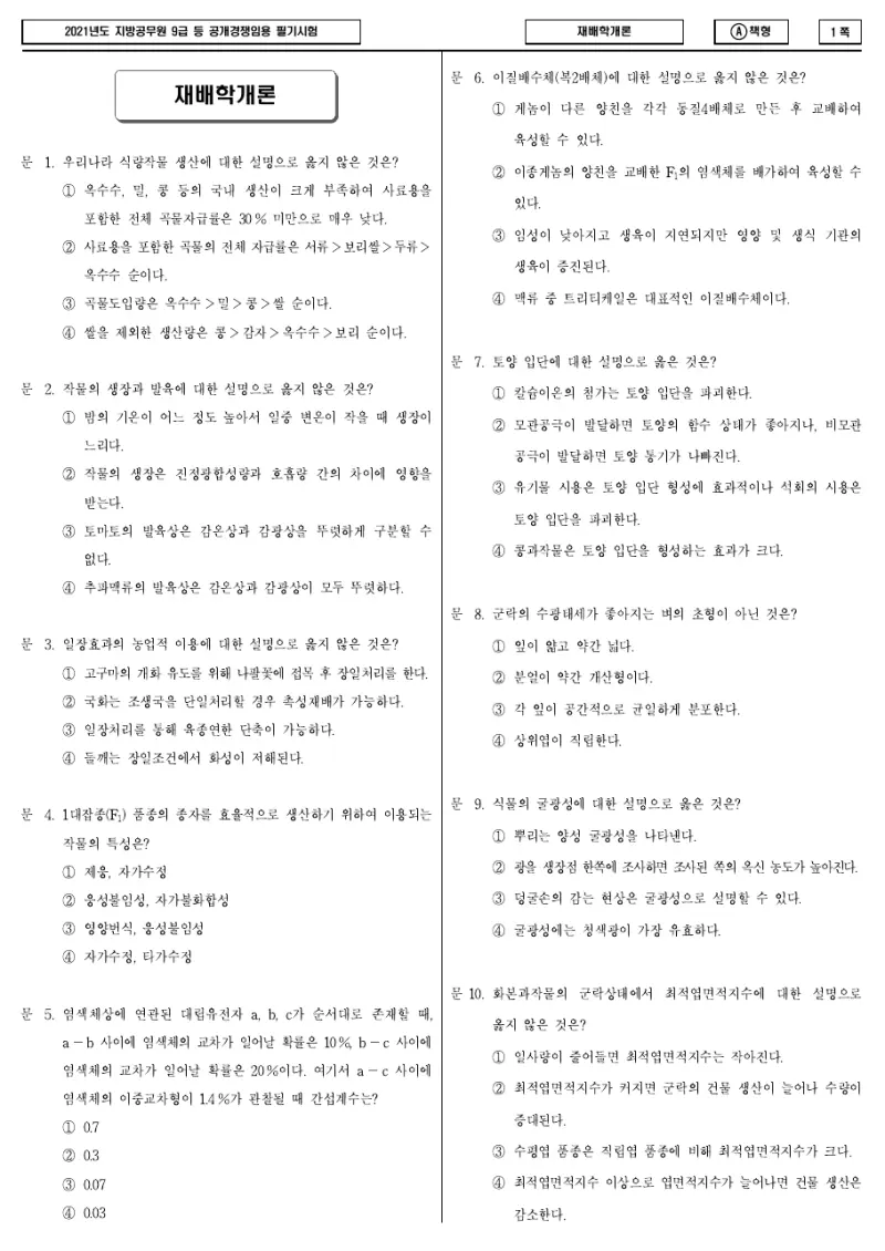 9급 지방직 재배학개론 2021년 시험지 1쪽