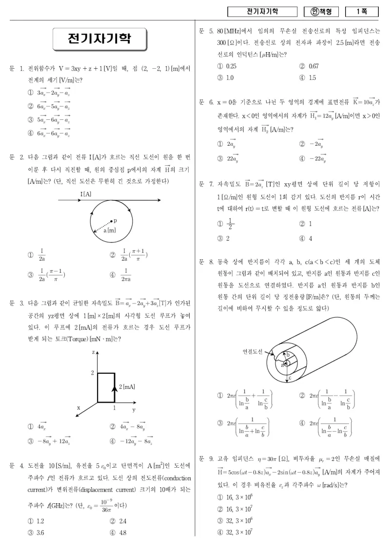 7급 국가직 전기자기학 2012년 시험지 1쪽