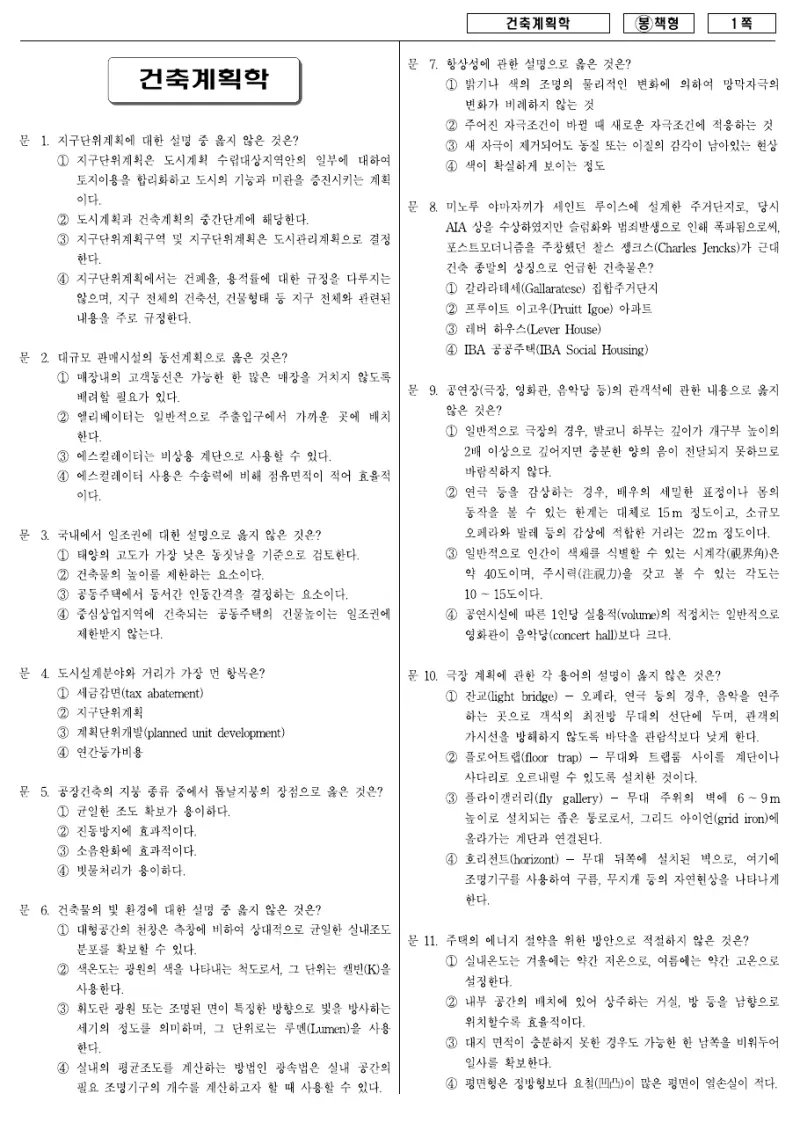 7급 국가직 건축계획학 2008년 시험지 1쪽