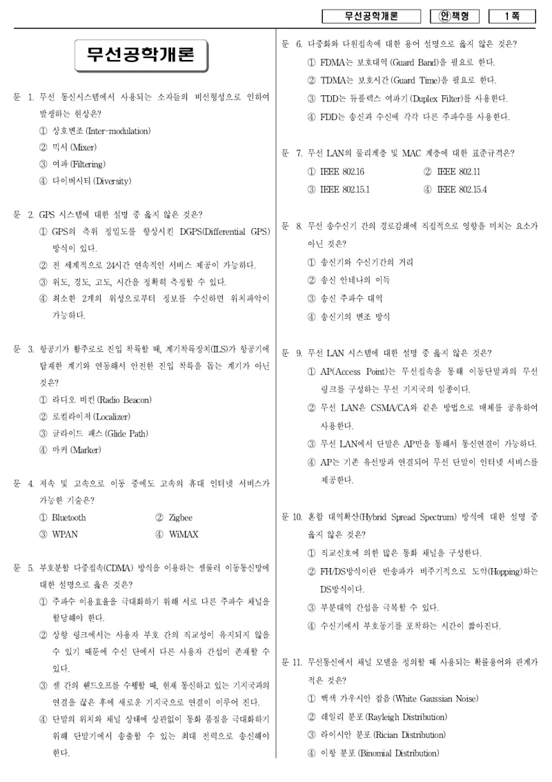 9급 국가직 무선공학개론 2008년 시험지 1쪽